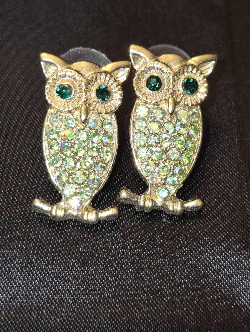 Gold-Tone Owl Stud Earrings with Green Crystal Accents